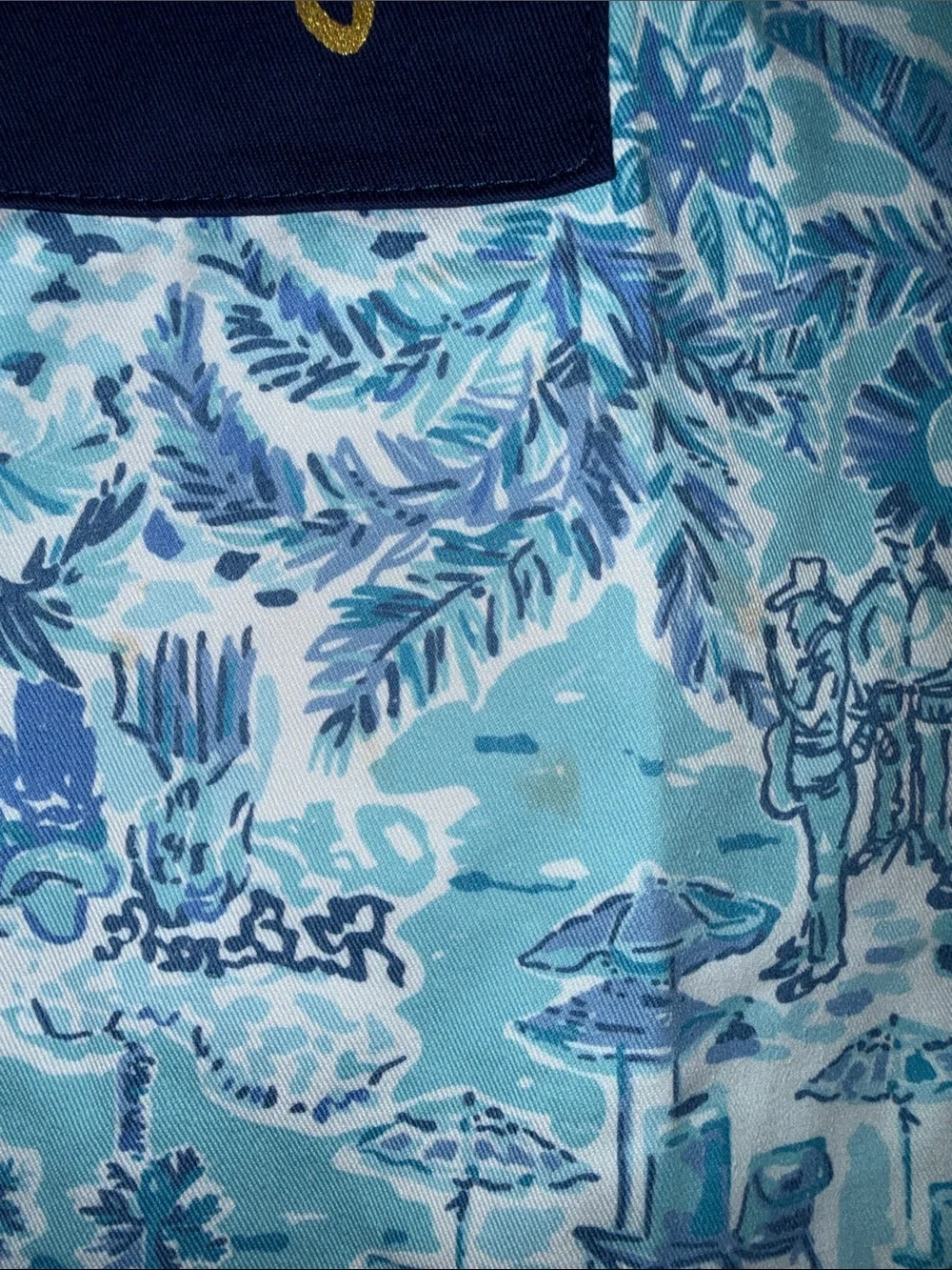 Lilly Pulitzer Light Blue Toile Apron with Navy Pockets and Gold Script